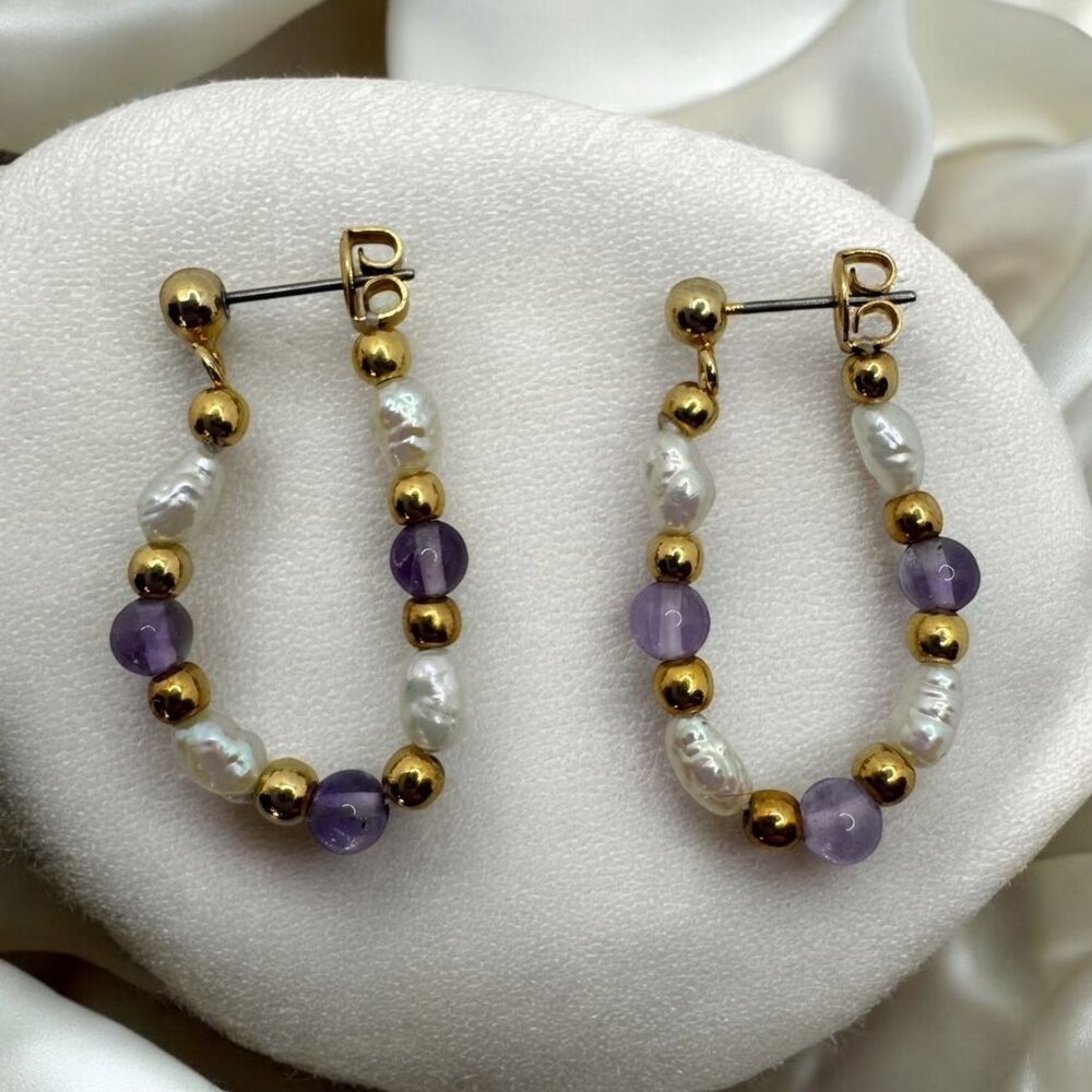 Vintage Lee Sands Cultured Freshwater Pearl Earrings Purple‎ Gold Tone Hoops